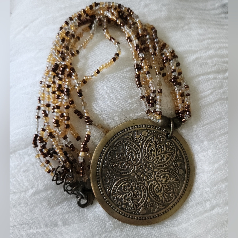 Bohemian Multi-Strand Beaded Necklace with Gold Pendant